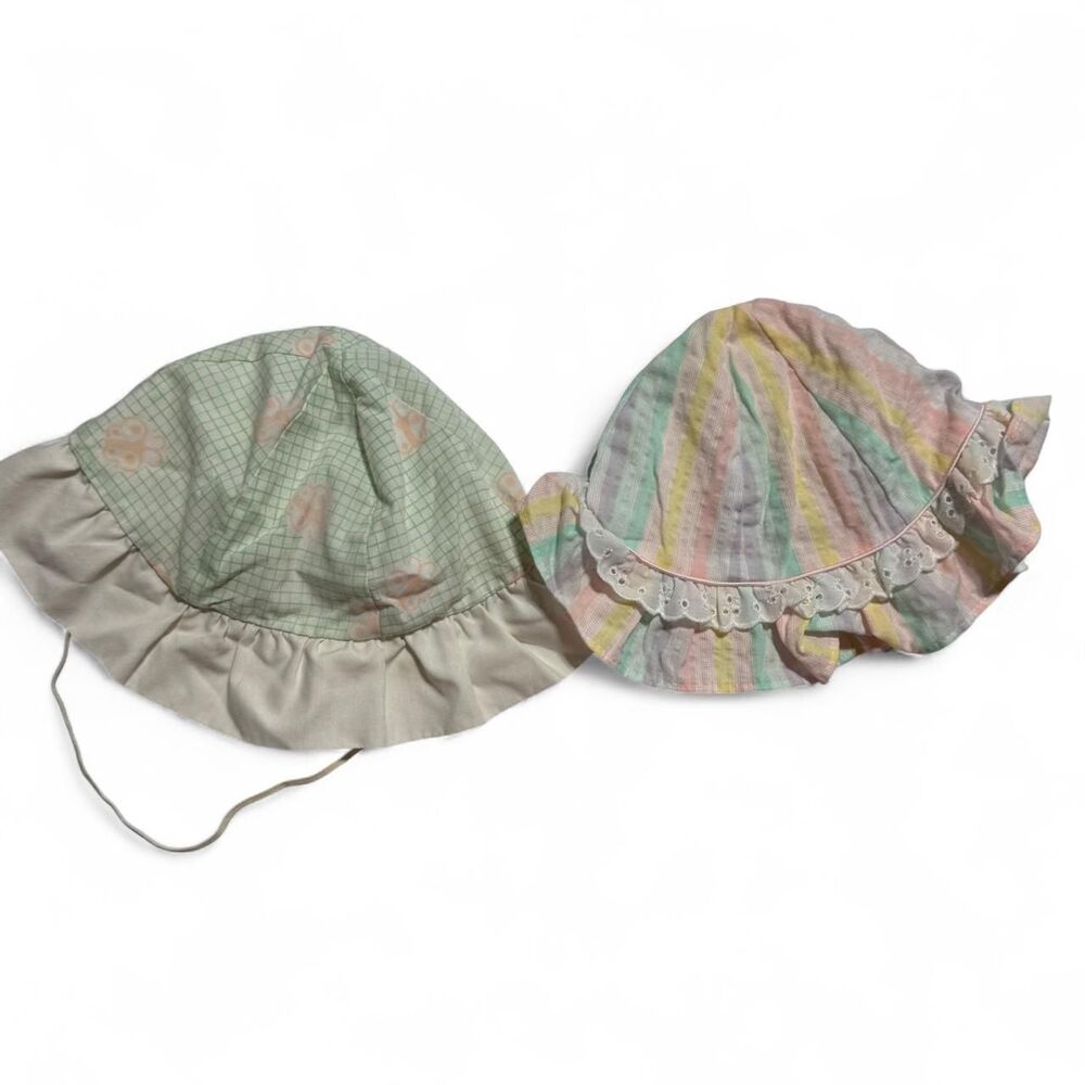 Vintage 80s Pastel Stripe Grid Ruffle Baby‎ Bonnet Bucket Hat Lot 18 Months